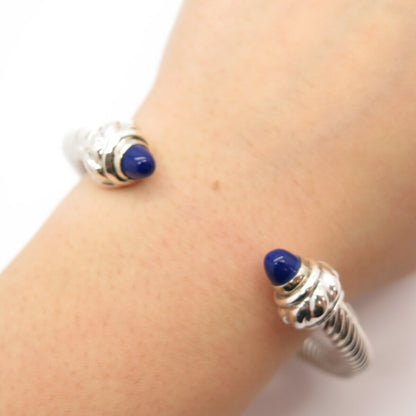 925 Sterling Silver Vintage Mexico Lapis Lazuli Gem Twisted Cuff Bracelet 7.5"