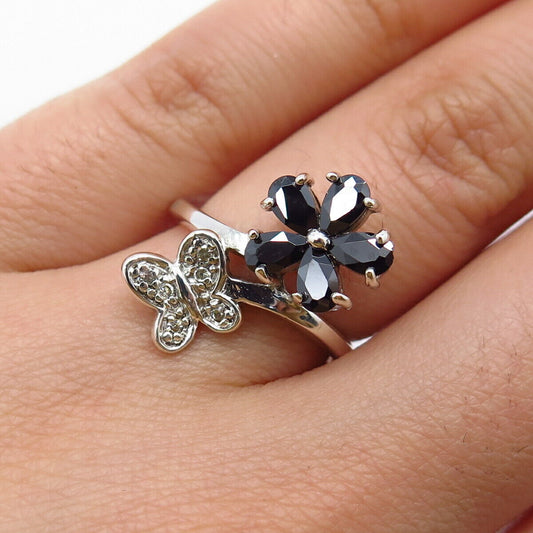 925 Sterling Silver Real Hematite Gemstone & C Z Butterfly Floral Ring Size 5.25