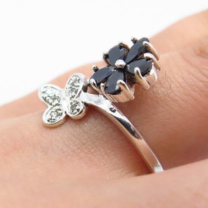 925 Sterling Silver Real Hematite Gemstone & C Z Butterfly Floral Ring Size 5.25