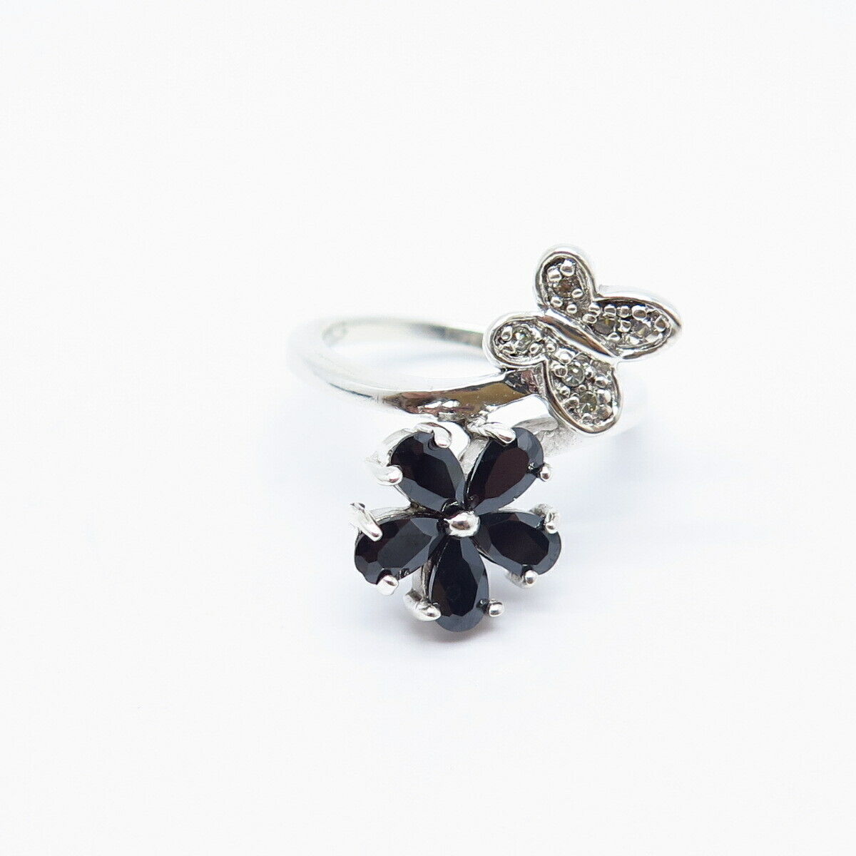 925 Sterling Silver Real Hematite Gemstone & C Z Butterfly Floral Ring Size 5.25