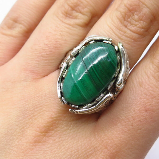 925 Sterling Silver Vintage Real Malachite Gemstone Ornate Ring Size 10.5