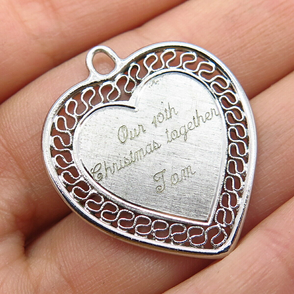 925 Sterling Silver Vintage "Christmas Together" Ornate Heart Pendant