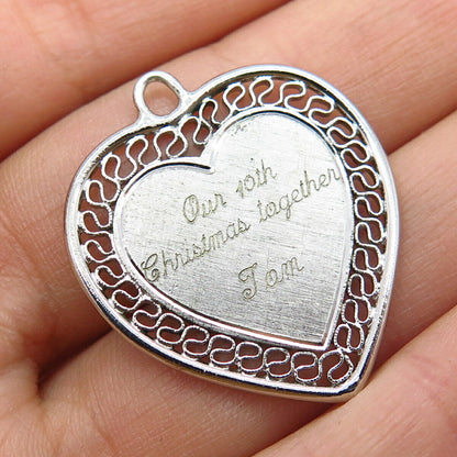 925 Sterling Silver Vintage "Christmas Together" Ornate Heart Pendant