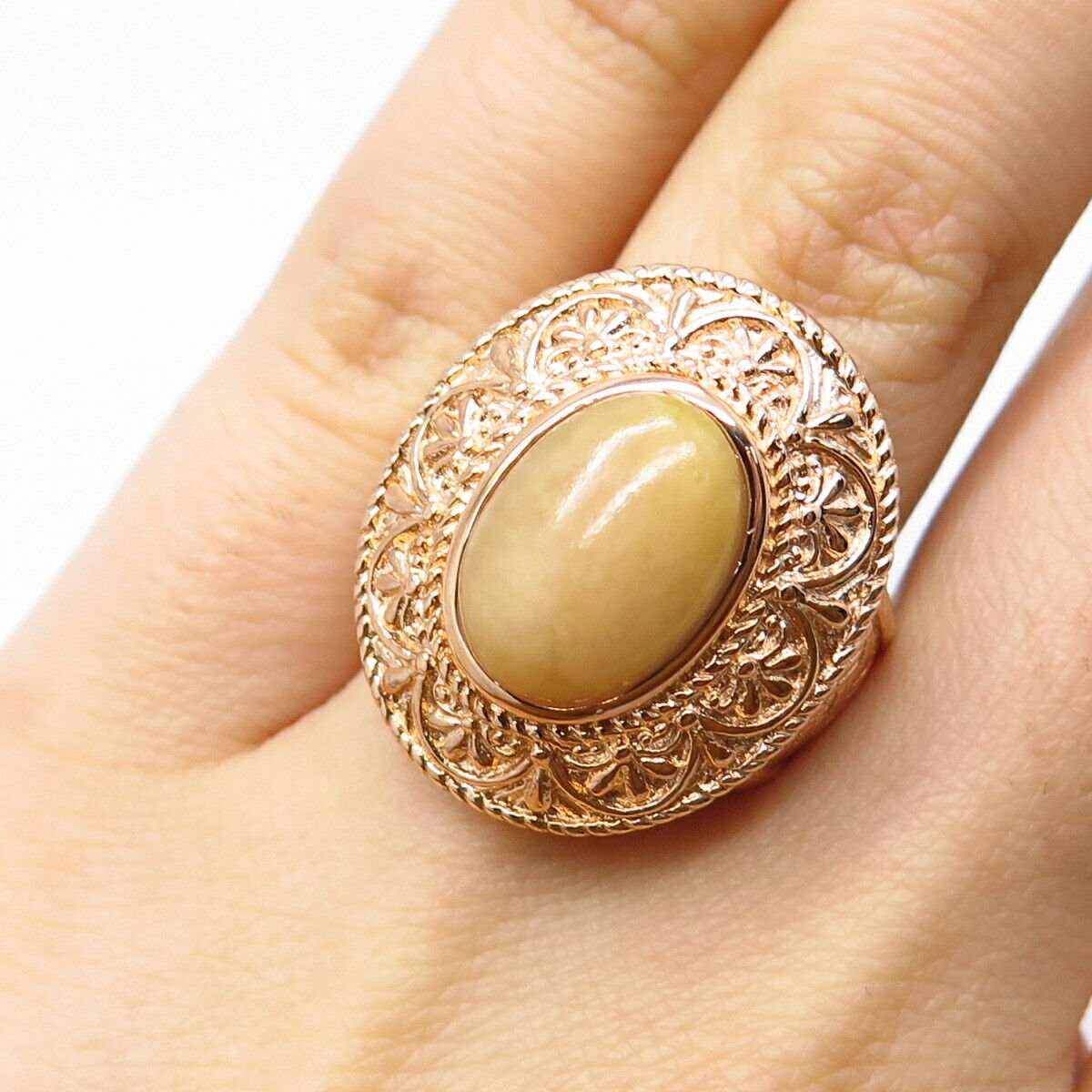 925 Sterling Silver Gold Plated Real Yellow Jade Gemstone Ring Size 6.75