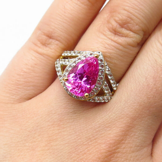 925 Sterling Silver Gold Plated Lab-Created Pink Sapphire Ring Size 6