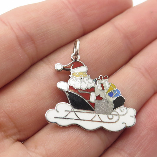 WELLS 925 Sterling Silver Vintage Colorful Enamel Santa in a Sleigh Pendant