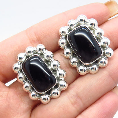 925 Sterling Silver Vintage Mexico Real Black Onyx Gemstone Beaded Earrings