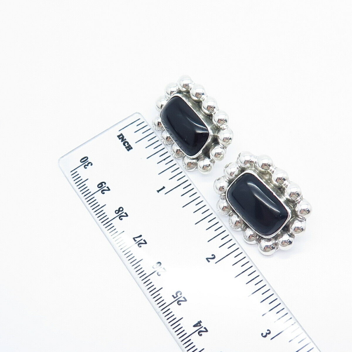 925 Sterling Silver Vintage Mexico Real Black Onyx Gemstone Beaded Earrings