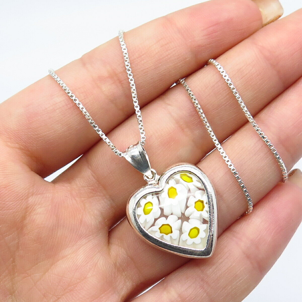 925 Sterling Silver Italy Multi-Color Glass Heart Pendant Box Chain Necklace 18"