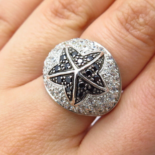 925 Sterling Silver Vintage Real Melanite Gemstone & C Z Star Ring Size 6.5