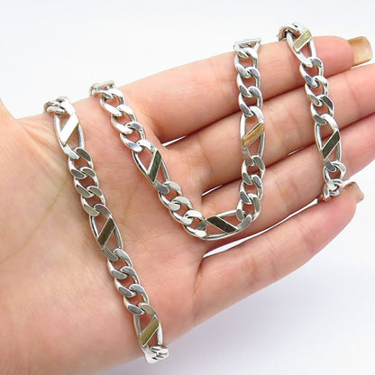 925 Sterling Silver 2-Tone Vintage Italy Figaro Chain Necklace 21"