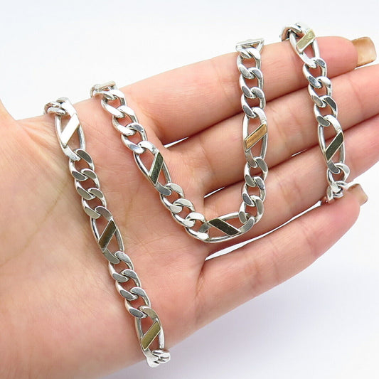 925 Sterling Silver 2-Tone Vintage Italy Figaro Chain Necklace 21"