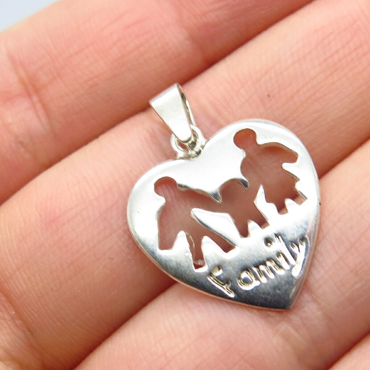 925 Sterling Silver Vintage "Family" Heart Cutout Pendant