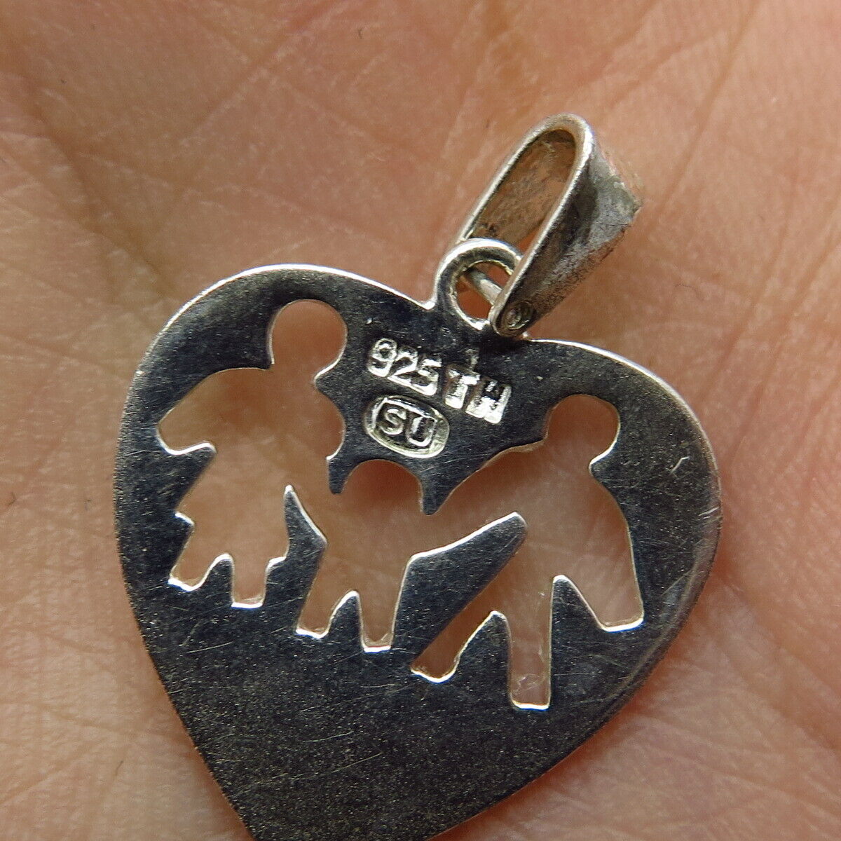 925 Sterling Silver Vintage "Family" Heart Cutout Pendant