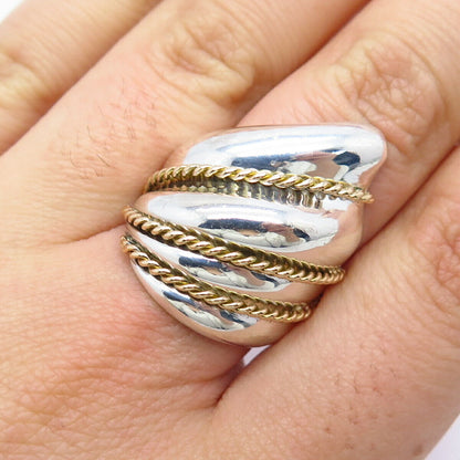 925 Sterling Silver / 14K Gold Vintage Ribbed Statement Ring Size 6.25