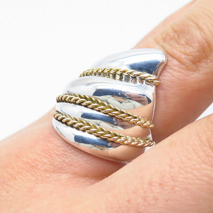 925 Sterling Silver / 14K Gold Vintage Ribbed Statement Ring Size 6.25