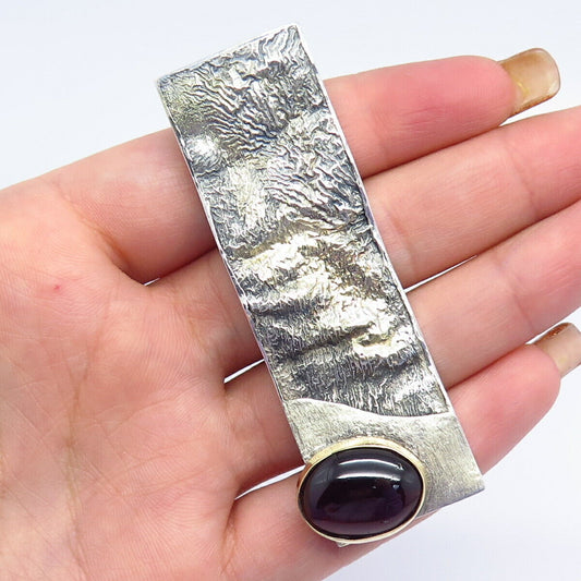 925 Sterling Silver / 14K Gold Vintage Red Garnet Gem Textured Modernist Pendant