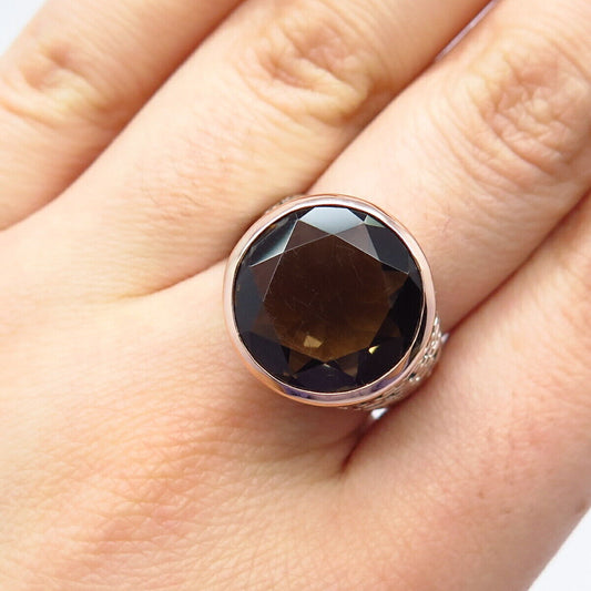 925 Sterling Silver / 14K Gold Vintage Real Smoky Quartz Gem Ring Size 8.5