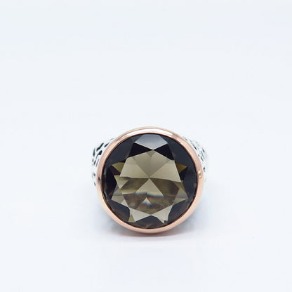 925 Sterling Silver / 14K Gold Vintage Real Smoky Quartz Gem Ring Size 8.5