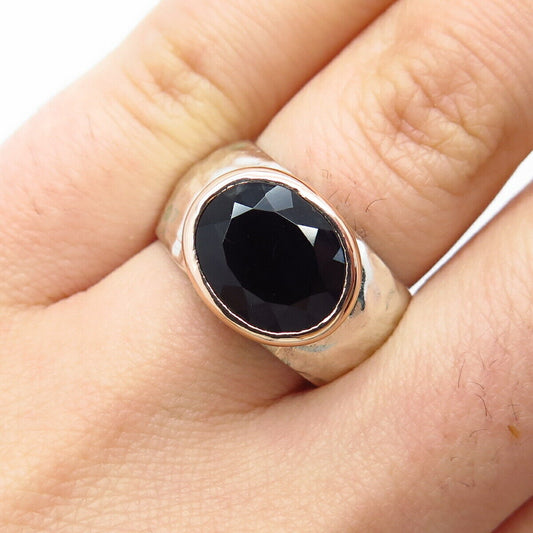 925 Sterling Silver / 14K Gold Vintage Real Melanite Gem Hammered Ring Size 5.75