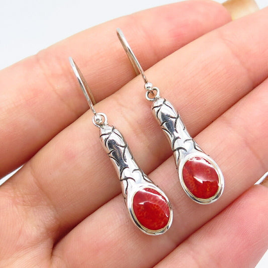 925 Sterling Silver / 18K Gold Vintage Real Coral Etched Dangling Earrings