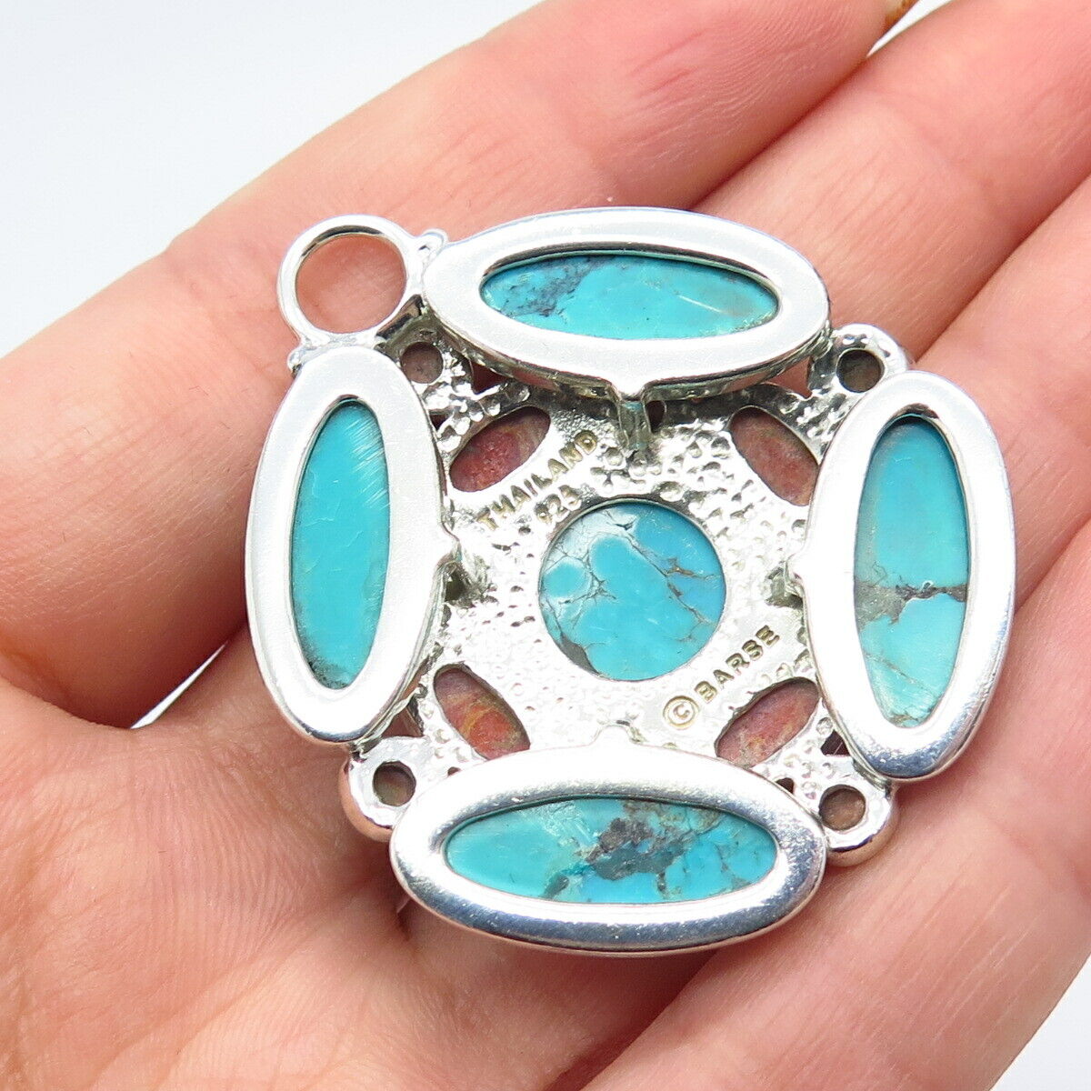 925 Sterling Silver Vintage BARSE Real Turquoise & Jasper Gemstone Pendant