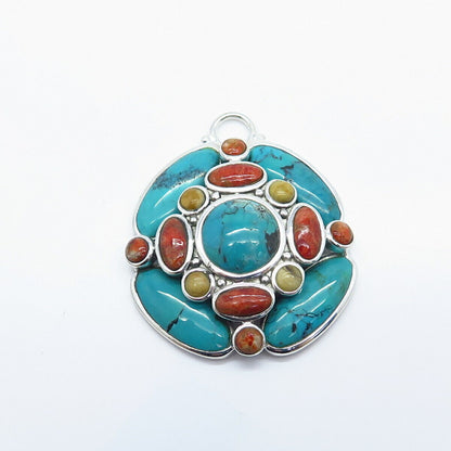 925 Sterling Silver Vintage BARSE Real Turquoise & Jasper Gemstone Pendant