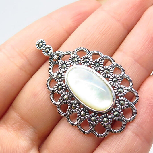 925 Sterling Silver Vintage Mother-of-Pearl & Marcasite Gemstone Pendant