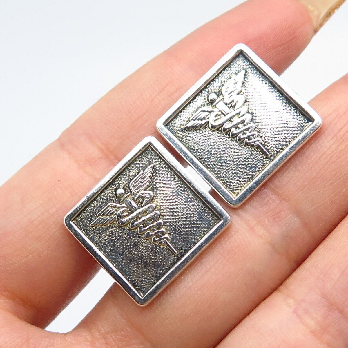 925 Sterling Silver Vintage Wayne Mercury Caduceus Sign Cufflinks