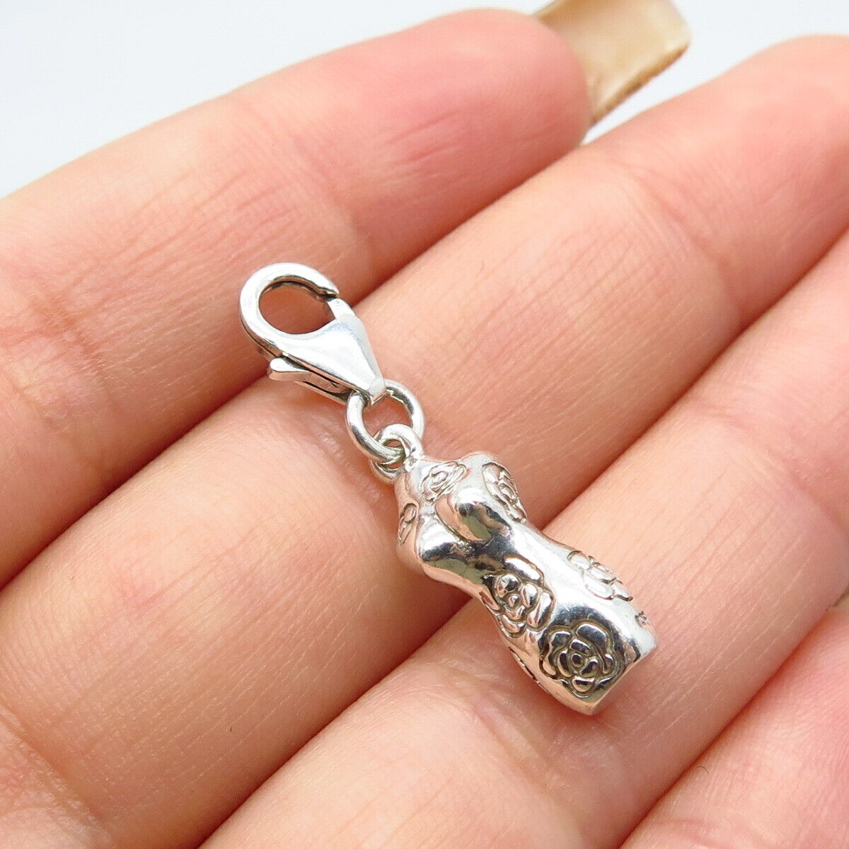 925 Sterling Silver Vintage Mannequin Rose Floral Charm Pendant