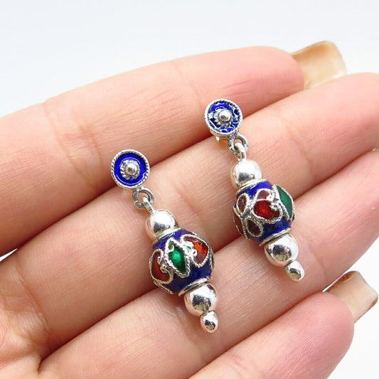 925 Sterling Silver Vintage Colorful Enamel Dangling Earrings