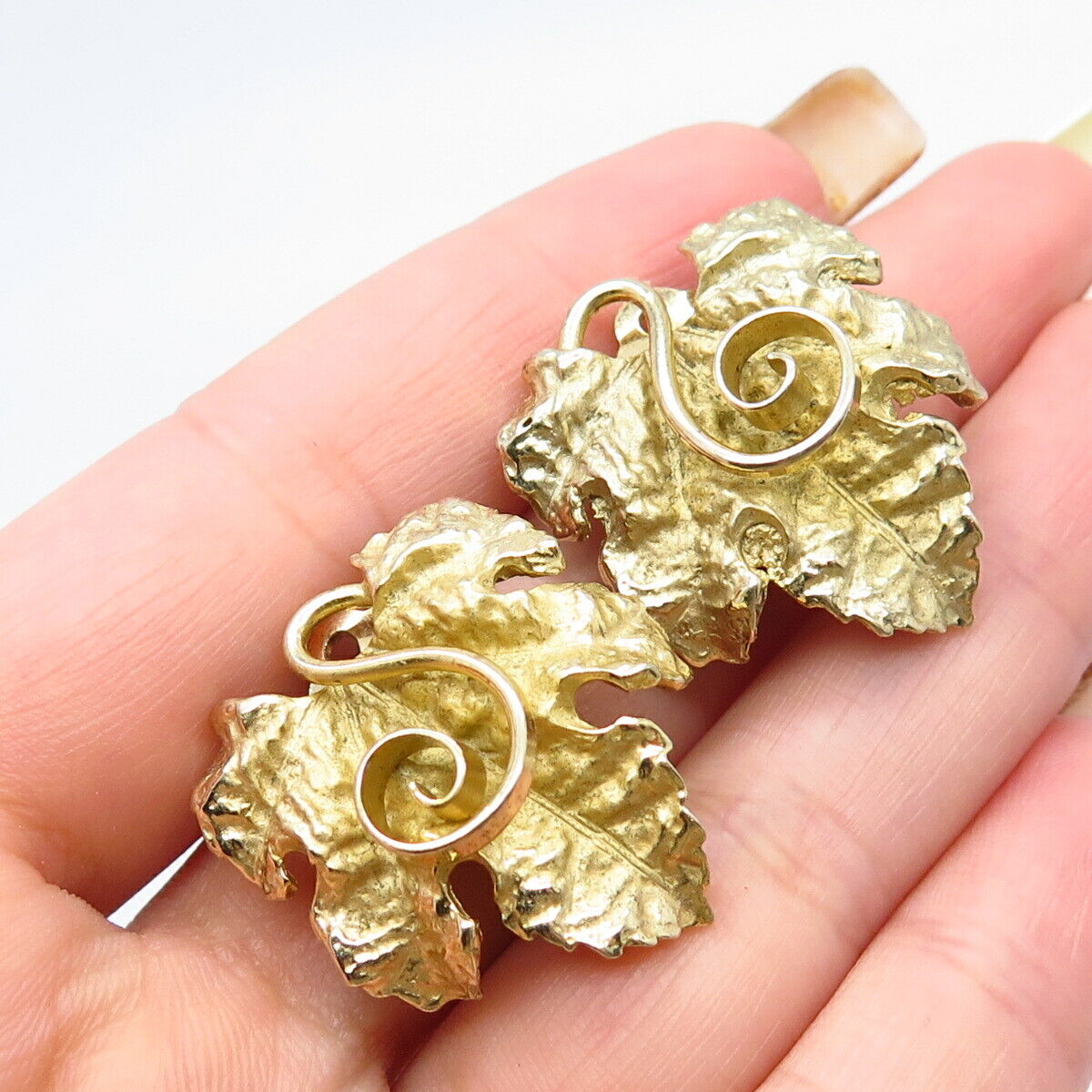 925 Sterling Silver Gold Plated Vintage Napier Leaf Clip On Earrings