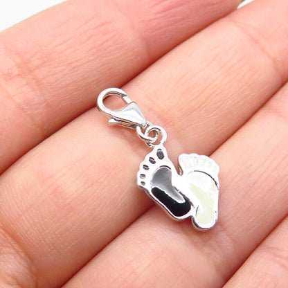 925 Sterling Silver Vintage White & Black Enamel Foot Charm Pendant