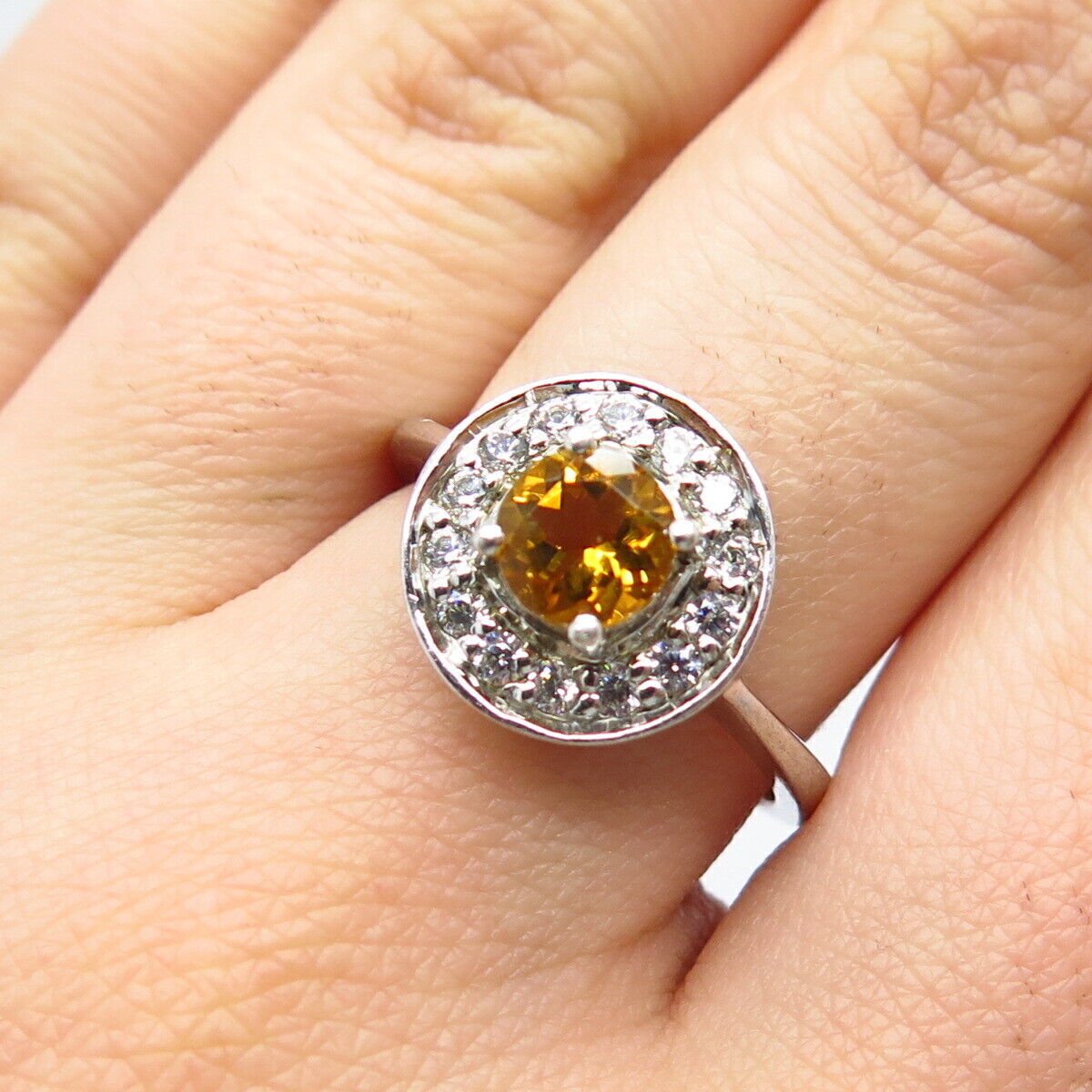 925 Sterling Silver Real Citrine Gemstone & C Z Ring Size 8