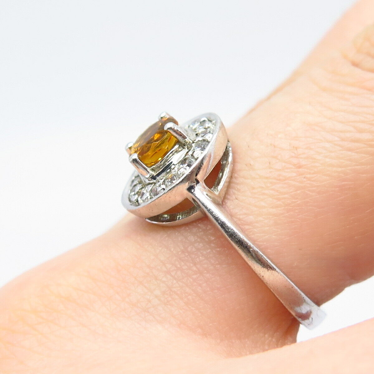 925 Sterling Silver Real Citrine Gemstone & C Z Ring Size 8