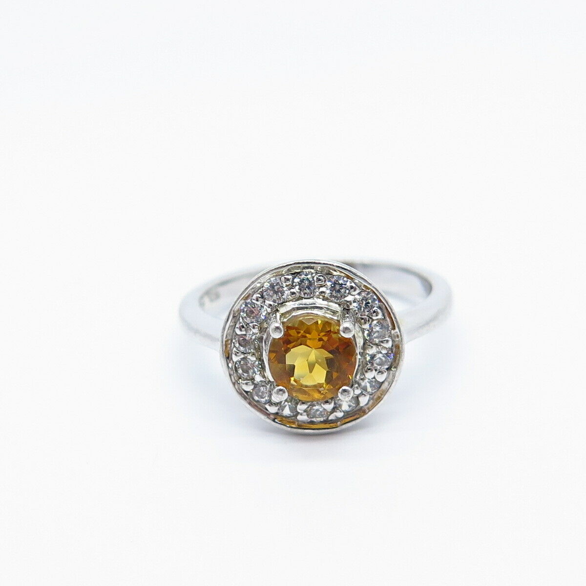 925 Sterling Silver Real Citrine Gemstone & C Z Ring Size 8