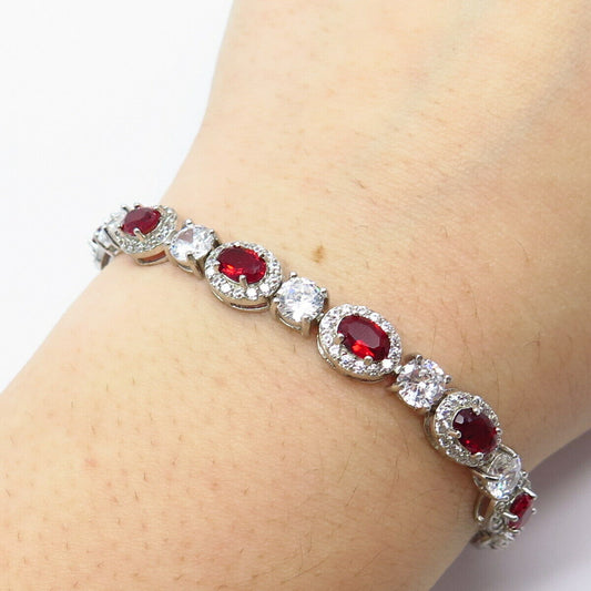 925 Sterling Silver Real Rhodolite Garnet Gem & C Z Tennis Link Bracelet 7.25"