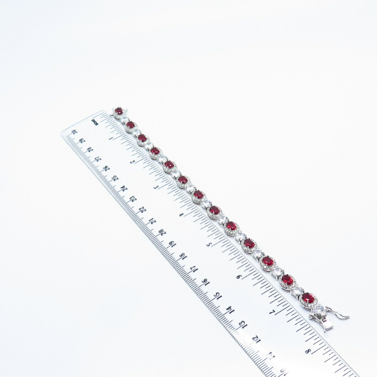 925 Sterling Silver Real Rhodolite Garnet Gem & C Z Tennis Link Bracelet 7.25"