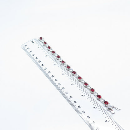 925 Sterling Silver Real Rhodolite Garnet Gem & C Z Tennis Link Bracelet 7.25"