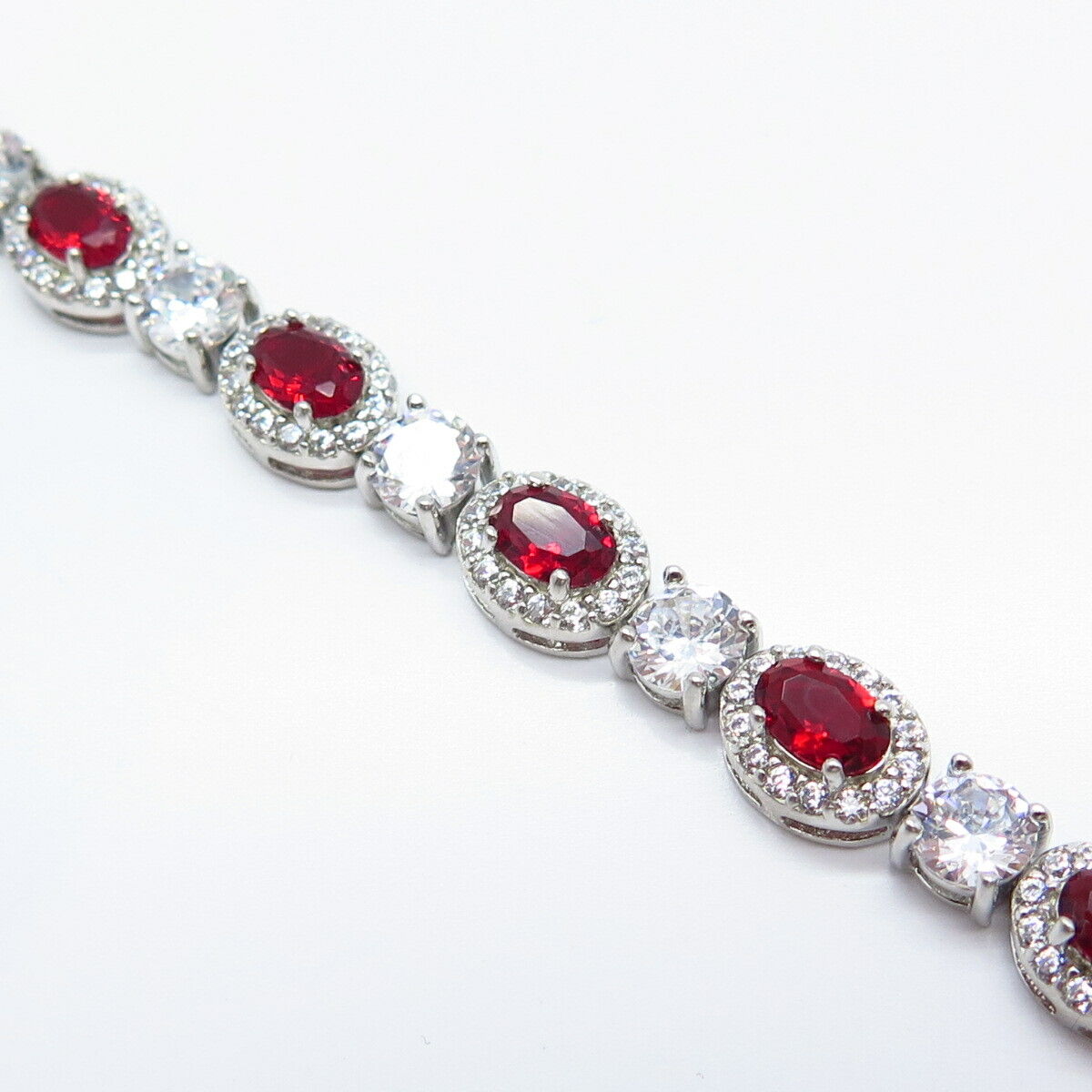 925 Sterling Silver Real Rhodolite Garnet Gem & C Z Tennis Link Bracelet 7.25"