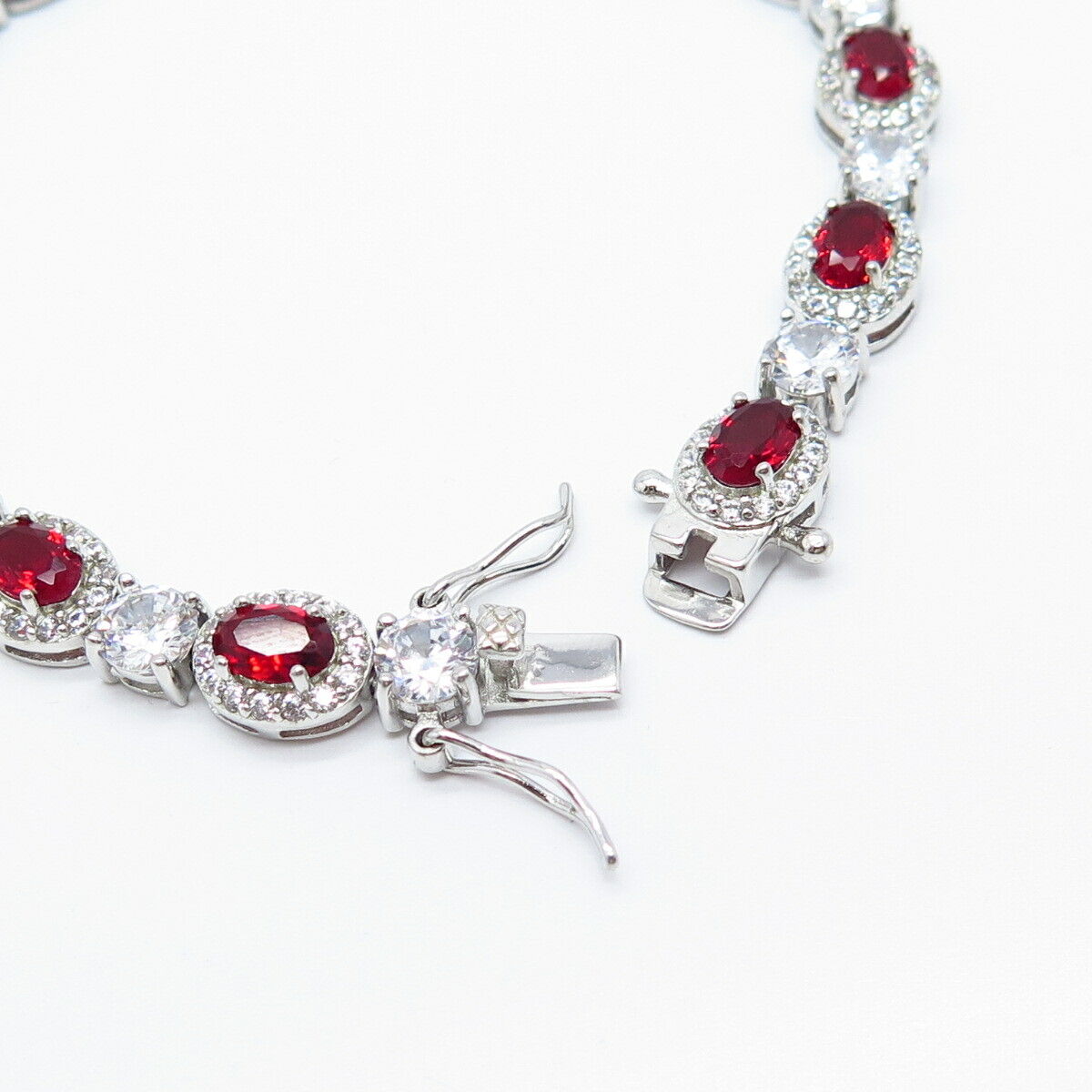 925 Sterling Silver Real Rhodolite Garnet Gem & C Z Tennis Link Bracelet 7.25"