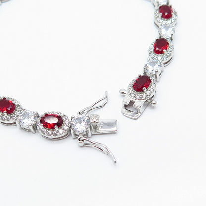 925 Sterling Silver Real Rhodolite Garnet Gem & C Z Tennis Link Bracelet 7.25"