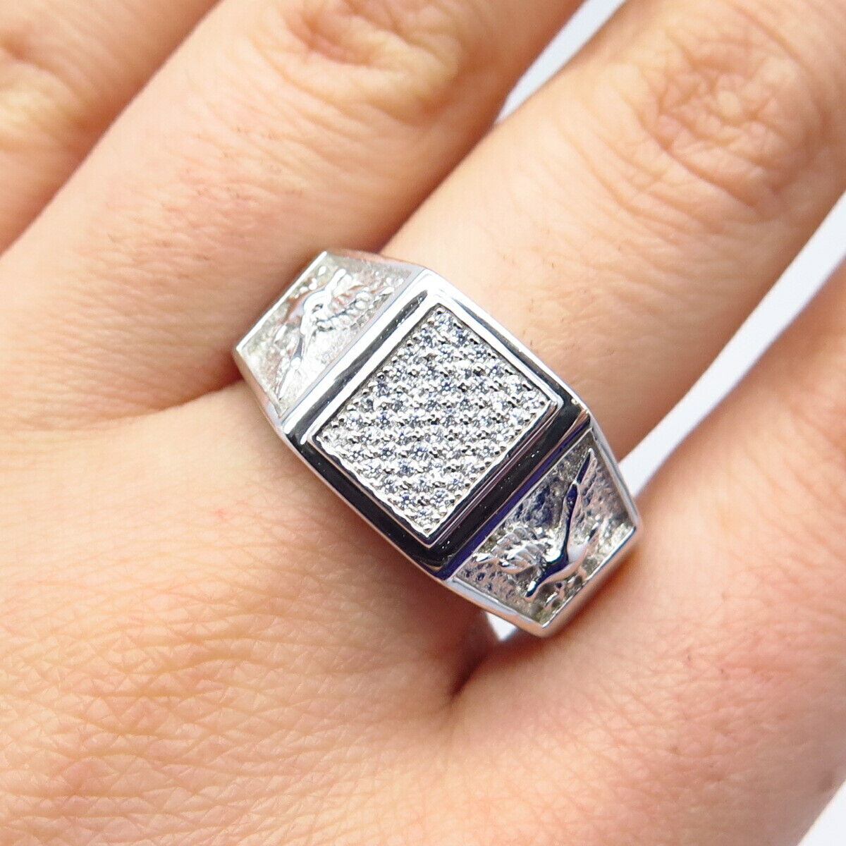 925 Sterling Silver Pave C Z Signet Ring Size 10.75