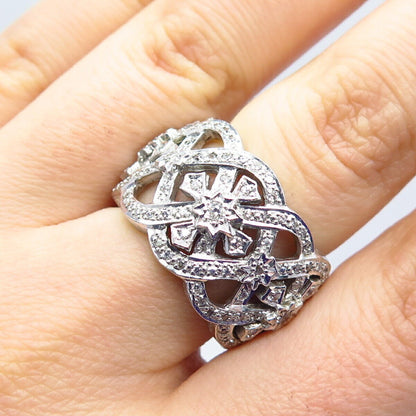 925 Sterling Silver Pave C Z Ornate Wide Band Ring Size 7.25