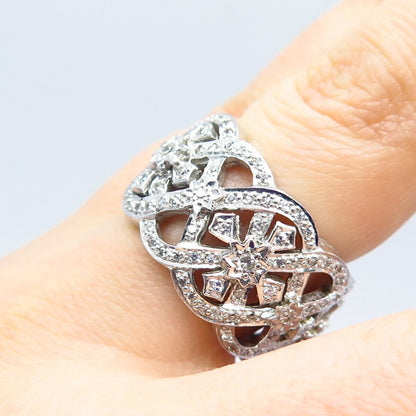 925 Sterling Silver Pave C Z Ornate Wide Band Ring Size 7.25