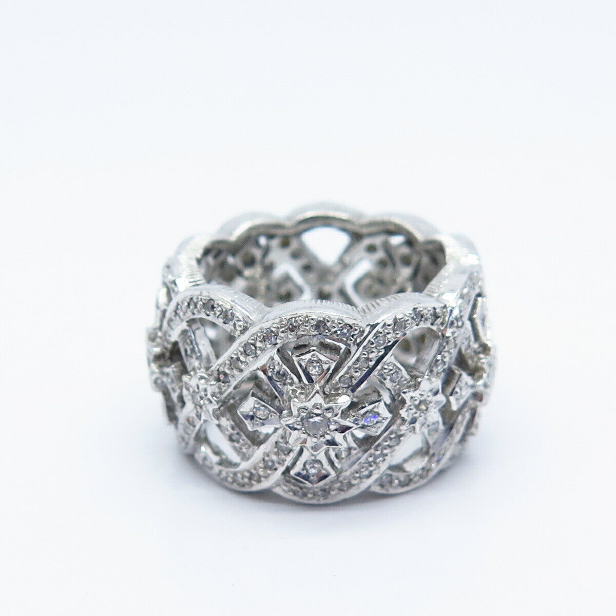 925 Sterling Silver Pave C Z Ornate Wide Band Ring Size 7.25