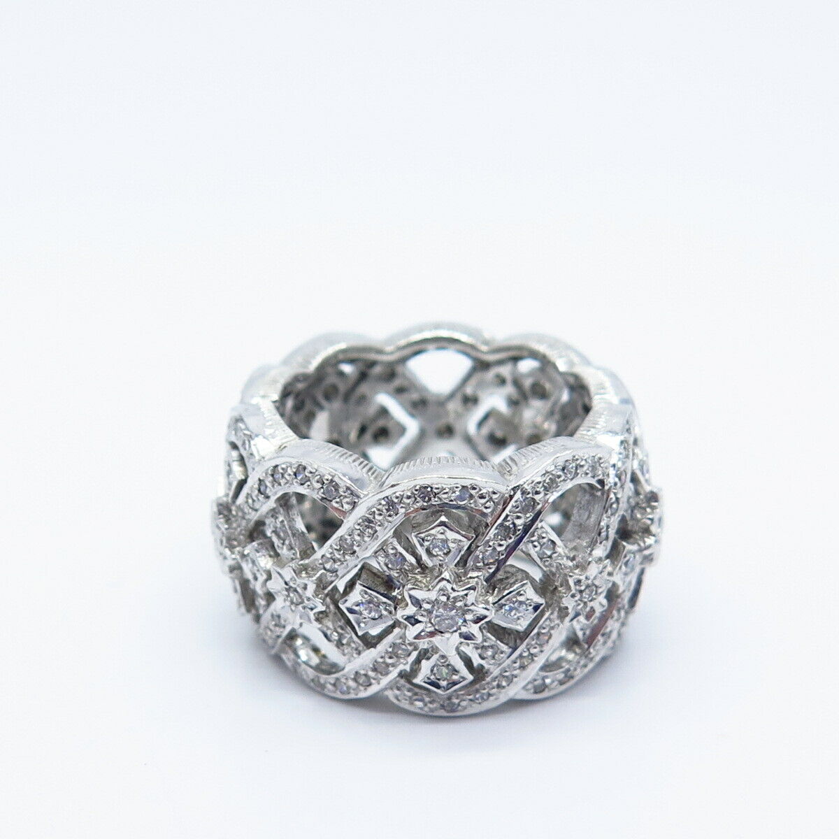 925 Sterling Silver Pave C Z Ornate Wide Band Ring Size 7.25