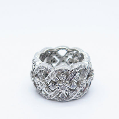 925 Sterling Silver Pave C Z Ornate Wide Band Ring Size 7.25