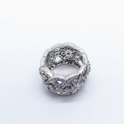 925 Sterling Silver Pave C Z Ornate Wide Band Ring Size 7.25