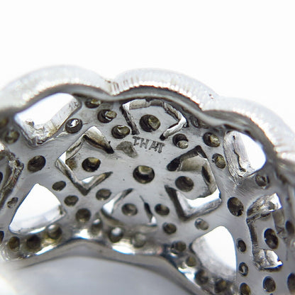 925 Sterling Silver Pave C Z Ornate Wide Band Ring Size 7.25